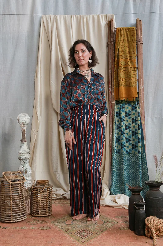 High Waisted Bottom Pants Ajrakh Silk Modal Stripe Fashionable Tapered Leg Pants