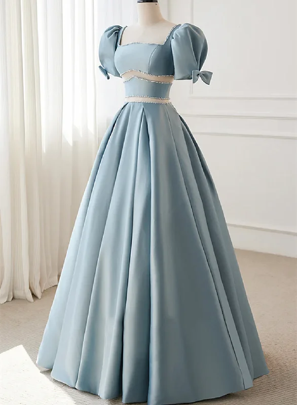 Blue Satin A-line Beaded Chic Long Prom Dress Party Dress, Blue Satin Evening Dress Tunics stripes playful