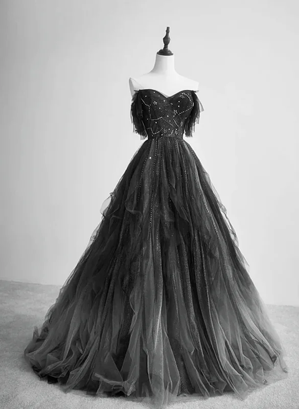 Black Sweetheart Beaded Tulle Off Shoulder Party Dress, Black Long Formal Dress Prom Dress Tunics Essential wardrobe