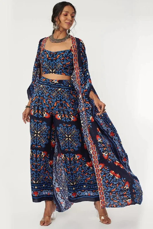 BLUE BIG BUTTA PRINT PANTS WITH BUSTIER AND LONG JACKET WITH EMB Collared Jacket Crew Neck Jacket Turtle Neck Jacket
