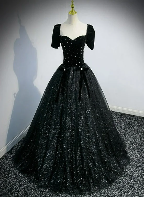 Black Short Sleeves Shiny Tulle Long Party Dress, Ball Gown Beaded Black Formal Dress Tunics Plaid country