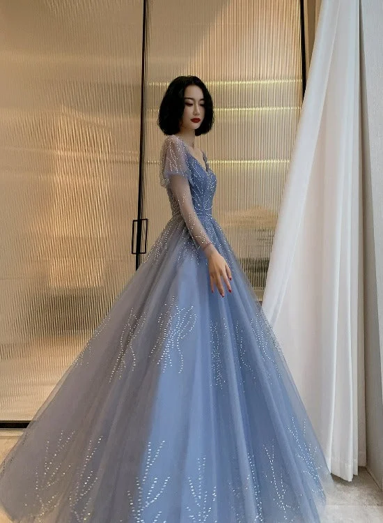 Blue Tulle Beaded Long Formal Dress Party Dress, Beautiful Blue Prom Dresses Tunics Trousers formal