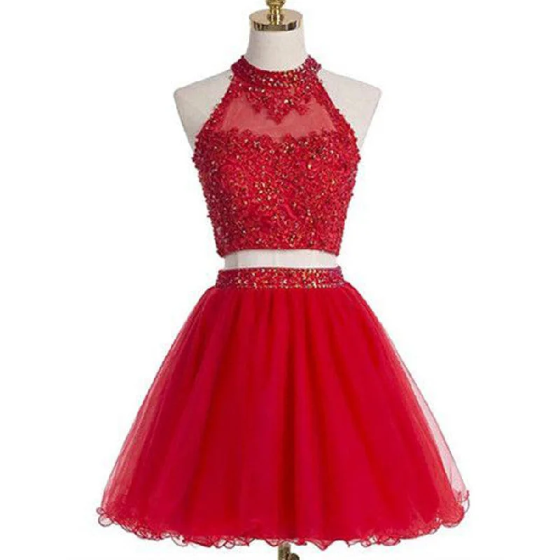 Blush red two pieces halter off shoulder cute freshman homecoming prom dress,BD0020 A-Line Day Work