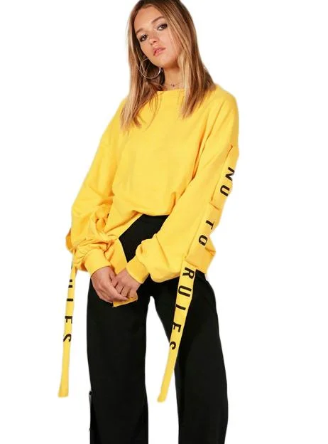 YELLOW WOMEN SWEATSHIRT FULL SLEEVE LACE UP SPLIT Hoodie with Hem Detail Decorative Unique