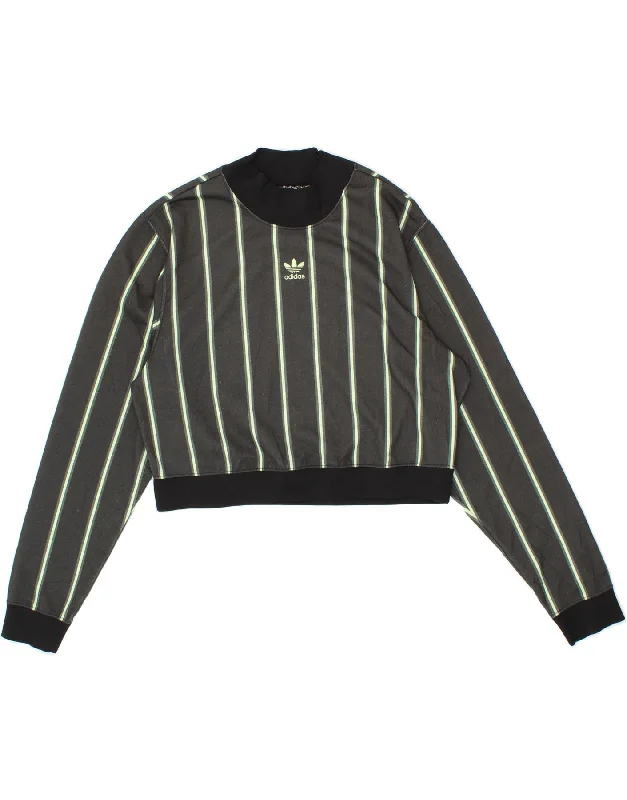 ADIDAS Womens Graphic Crop Sweatshirt Jumper UK 12 Medium Grey Striped Hoodie with Longline Fit Extended Stylish