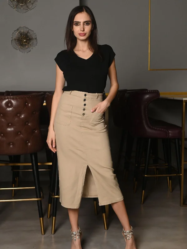 Odette Beige Twill Lycra Solid Straight Skirt For Women floral skirt print