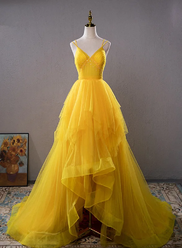 Yellow V-neckline Straps Tulle Beaded Long Party Dress, Yellow Formal Dress Prom Dress Tunics Prom sequined
