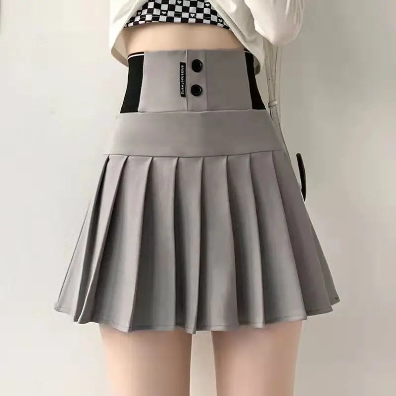 High Waist Women New Pleated Skirt Summer Solid Button Elastic A-line Wearing Safety Pants Fashion All-match Short Skirt High-Waist Trousers