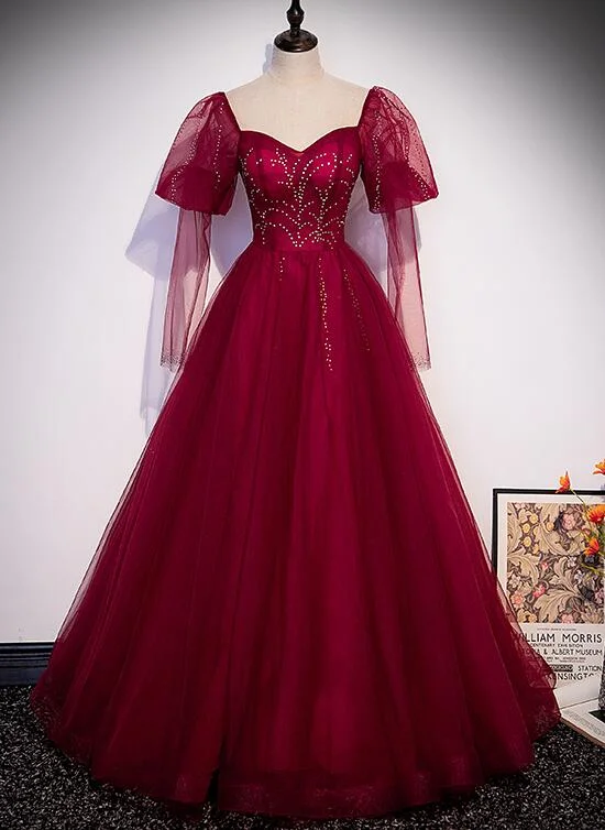 Wine Red Tulle Long Sleeves A-line Party Dress Prom Dress, Burgundy Tulle Evening Dresses Tunics Gym athletic