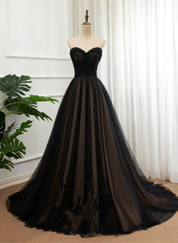 Black Beaded Tulle Sweetheart Long Party Dress, Tulle A-line Formal Dress Prom Dress Tunics Winter warm