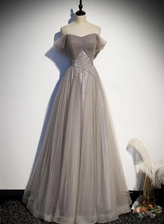 Beautiful Grey Beaded Sweetheart Long Evening Prom Dress, Grey Long Party Dress Tunics Lace romantic