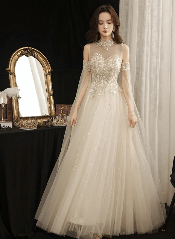 Ivory High Neckline Beaded Tulle A-line Long Party Dress, Ivory Tulle Prom Dress Crew Neckline Casual