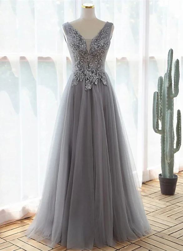 A-line Grey Tulle V-neckline Long Party Dress with Lace, Grey Bridesmaid Dress Tunics Timeless classic