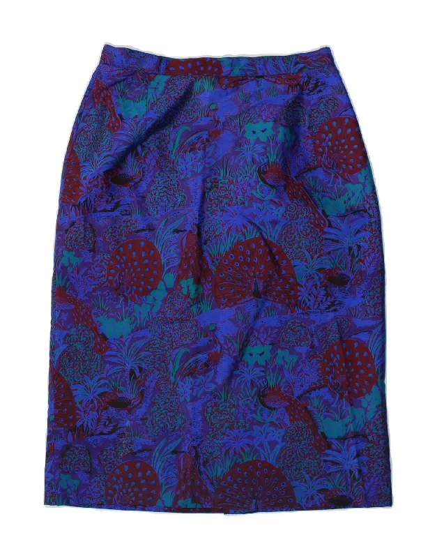 VINTAGE Womens Midi Skirt W28 Medium  Navy Blue Floral denim skirt stylish