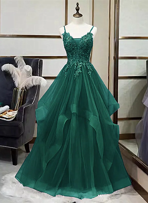 A-line Tulle with Lace Applique Straps Long Party Dress, Green Tulle Prom Dress Tunics Practical durable