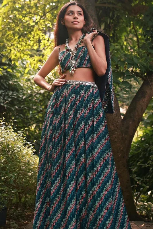 BLUE LEAF PRINT BOX PLETAED PANTS WITH ARYA BUSTIER WITH BLUE LEAF PRINT EMBELIIESHED NOOR JACKET Boat Neck Shawl Collar Notched Collar
