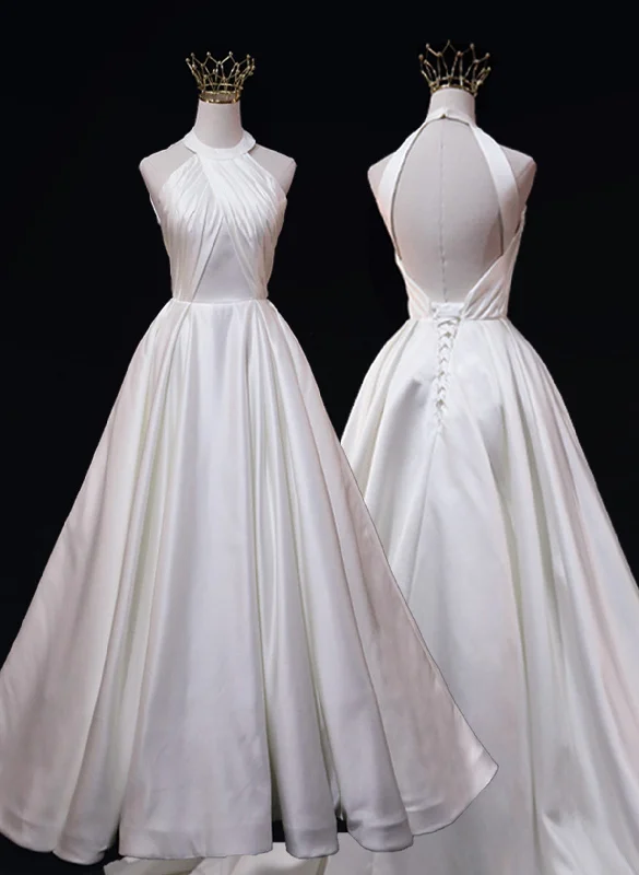 White Halter Simple Satin Backless Long Weddign Party Dress, White Long Formal Dress Cowl Neckline Elegant