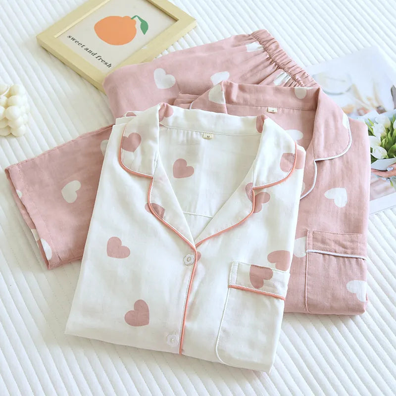 Pajama Set Women's 100% Cotton Long Sleeve Pants Two Piece Love Lovely Sweet Home Furnishing Set Stylish Casual Pants