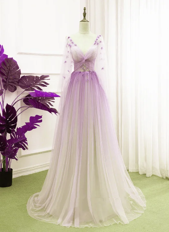 Beautiful Purple Gradient Tulle Long Sleeves Party Dress, A-line Tulle Formal Dress sweetheart Neckline Romantic