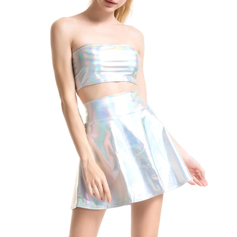 Women Co-ord Shiny Silver Holographic Tube Top Metallic Wet Look A-line Mini Skirt 2 Piece Set Clubwear Rave Festival Set seamless skirt comfort