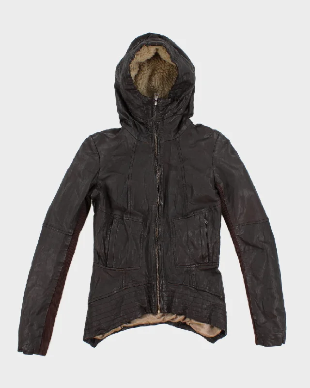 Vintage Woman's Denier Brown Leather Hooded Jacket - XS Belted Jacket Elasticated Jacket Padded Jacket