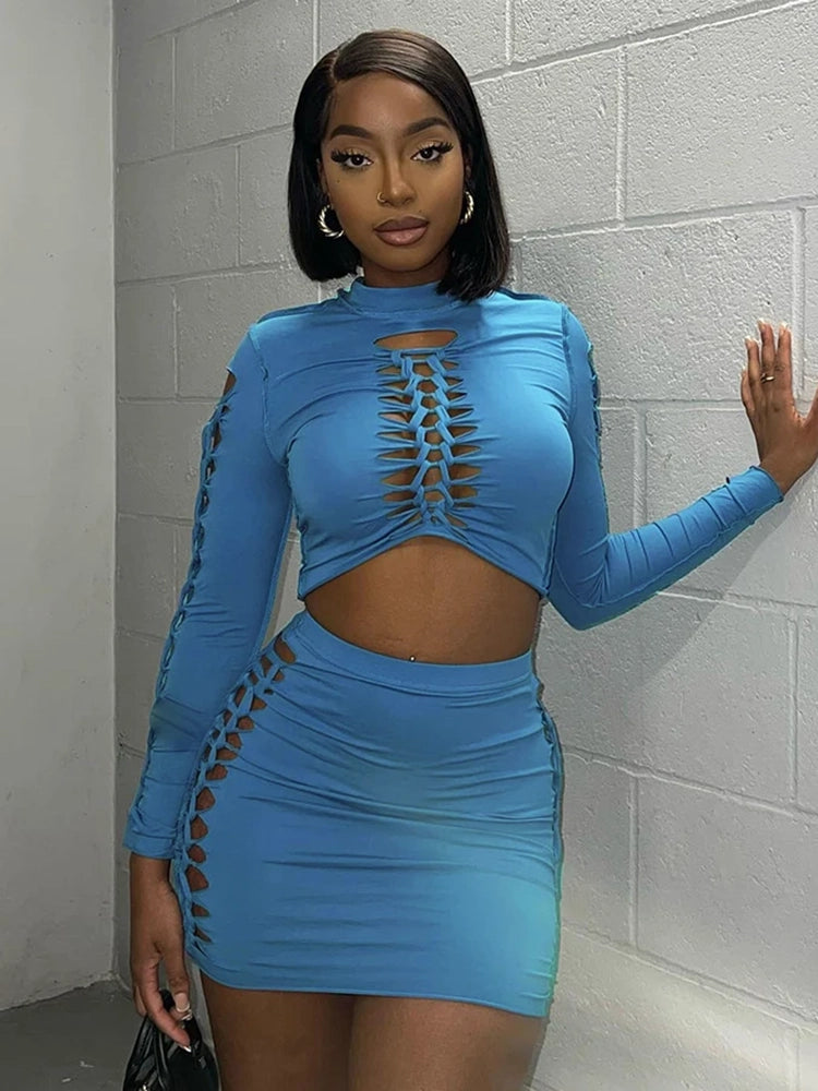 Sexy Women's suit Long Sleeve hollow out navel top + tight skirt 2 piece set women wool skirt sturdy