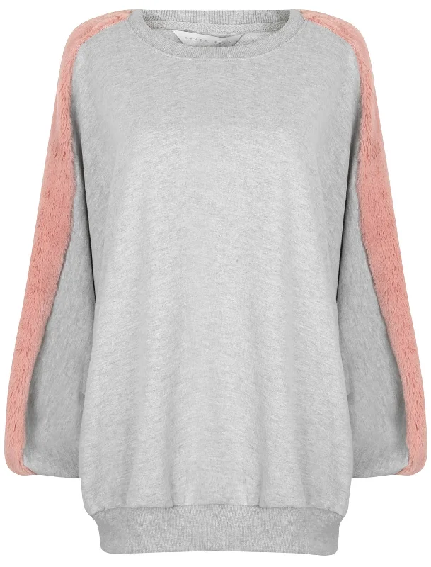 Belleflower Faux Fur Panel Sleeve Sweatshirt in Light Grey Marl - Amara Reya Hoodie with Lace Feminine Delicate Belleflower Faux Fur Panel Sleeve Sweatshirt in Light Grey Marl - Amara Reya Hoodie with Lace Feminine Delicate