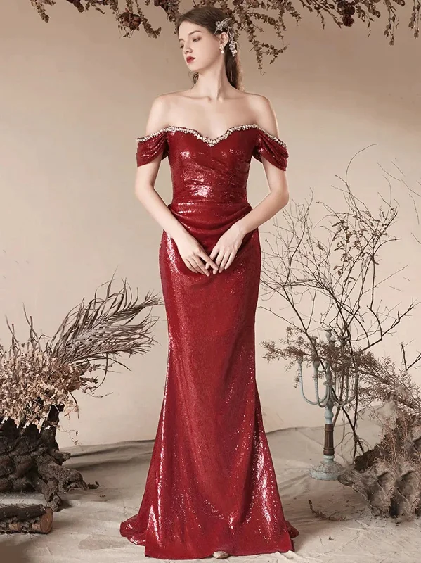 Wine Red Sequins Mermaid Long Party Dress, Wine Red Sequins Evening Dress Tunics Floral girly