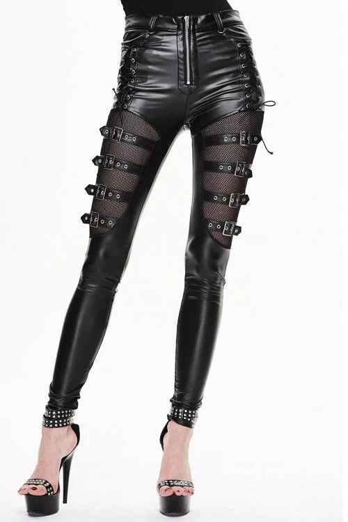Black Punk Mesh Elastic Biker Leather With Loops Womens Pants Trendy Tapered Pants