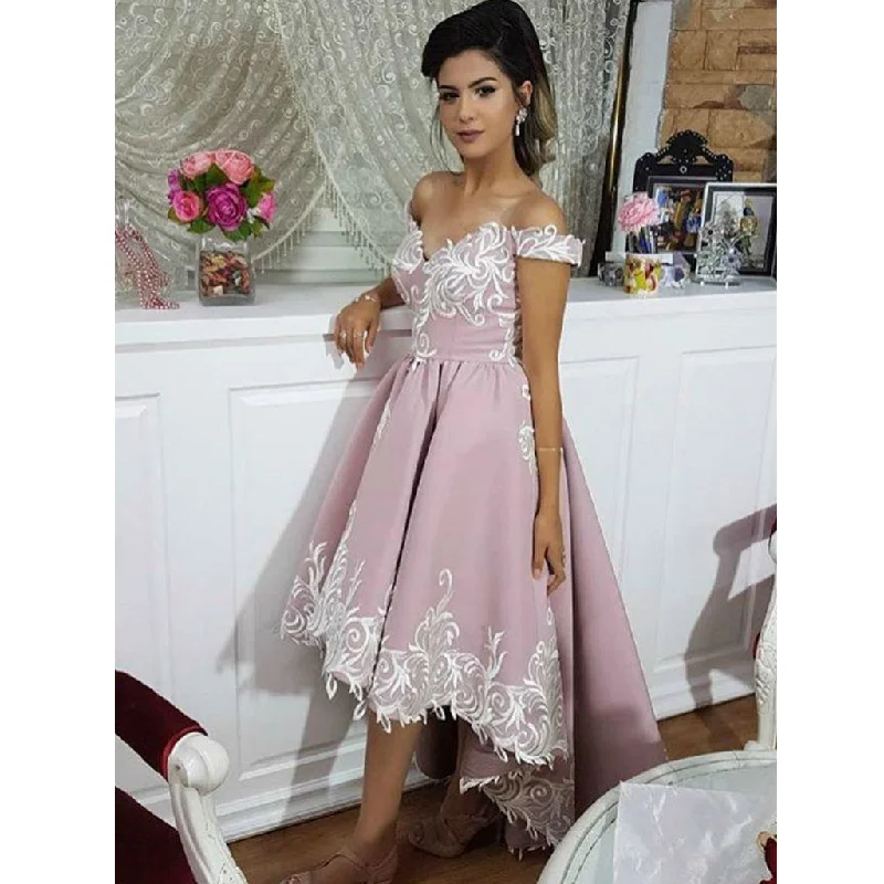 Charming Off Shoulder Applique High-Low Satin Backless Homecoming Dress, KX184 Off-the-shoulder Chic Trendy