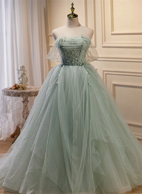 Light Green Tulle Beaded Ball Gown Off Shoulder Party Dress, Green Sweet 16 Dress Tunics Yoga stretchy