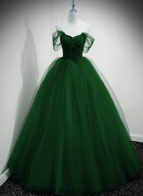 Green Tulle Beaded Sweetheart Long Party Dress, Green A-line Prom Dress Evening Dress Pleated Skirt Elegant