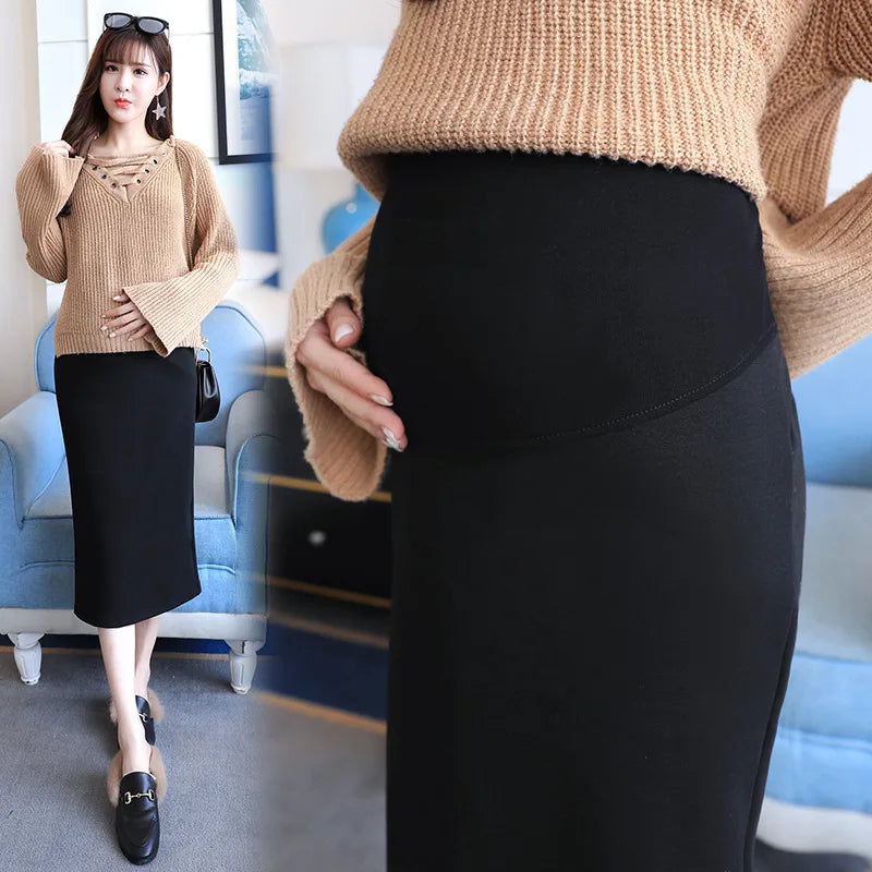 Maternity High Waist Belly Skirts Pregnant Women Empired   Mid-Calf Pencil  Office Long Straight Skirt silk skirt lustrous