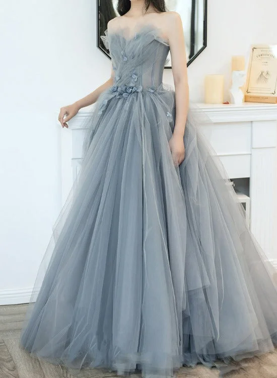Charming Grey Tulle Long Sweet 16 Gown with Flowers, Grey Formal Dress Party Dress Tunics Brand named