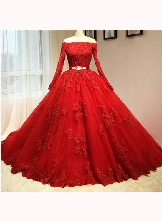 Red Tulle Long Sleeve Quinceanera Dresses Lace Appliques Puffy Tulle Ball Gown Prom Dresss Party Dress Tunics Practical easy-care