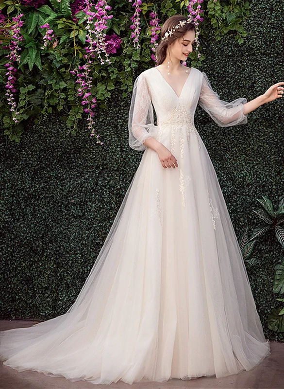 Ivory Tulle V-neckline Long Sleeves A-line Prom Dress, Ivory Tulle Wedding Party Dress Tunics Bestseller popular
