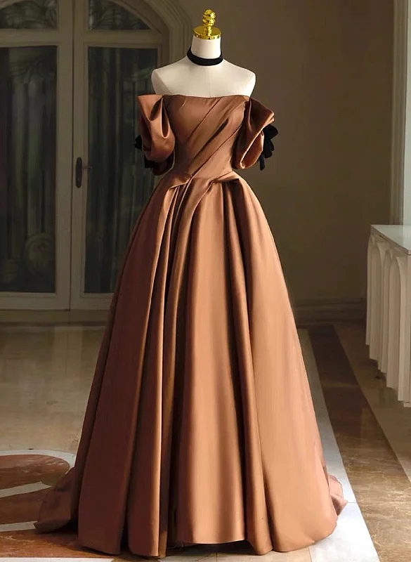 Brown Satin A-line Long Evening Dress, Brown Satin Off Shoulder Party Dress Prom Dress Tunics Spring floral