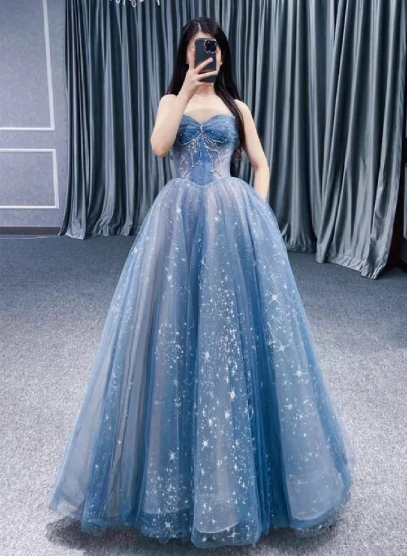 Blue Straps Beaded Tulle A-line Long Party Dress, Blue Fashionable Floral Prom Dress Tunics Spring floral