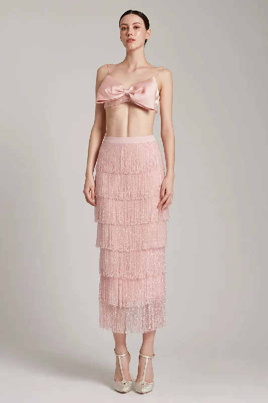 Tiered Crystal Fringe High Waisted Skirt in Blush Pink denim skirt trendy