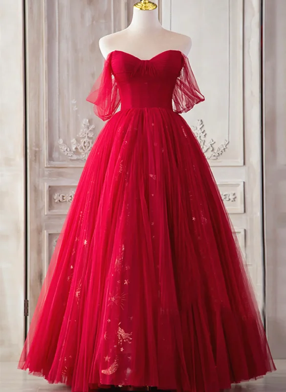 Red Sweetheart Tulle Long Formal Dress, Red Off Shoulder Party Dress Prom Dress Tunics Versatile stylish