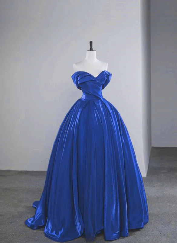 Blue Satin Off Shoulder Sweetheart Party Dress, Blue Long Evening Dress Prom Dress Tunics Fleece cozy
