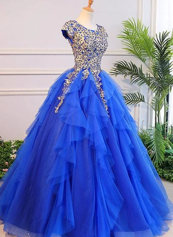 Royal Blue Cap Sleeves Long Ball Gown Party Dress, Blue Prom Dress Tunics Recommended stylist