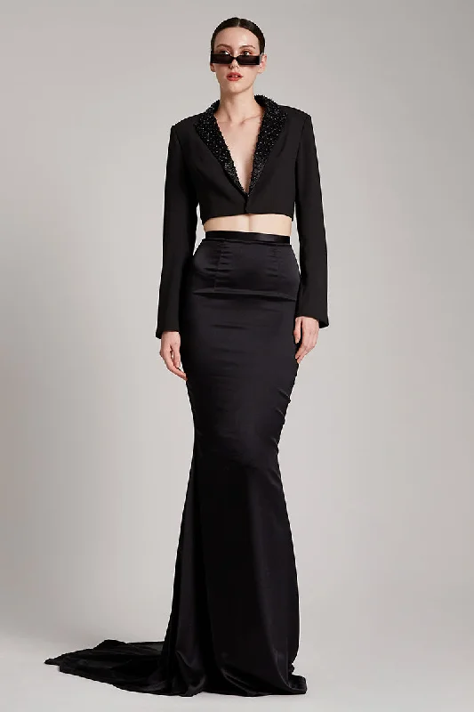 Silk Satin Trumpet Skirt with Train in Black denim skirt classic