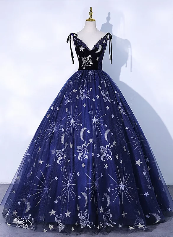 Cute Navy Blue Ball Gown V-neckline Party Dress, Navy Blue Sweet 16 Dress Halter Neckline Beach