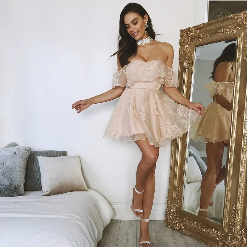 Off Shoulder Homecoming Dress, Tulle Applique Homecoming Dress, LB0763 Tunics Luxurious high-end