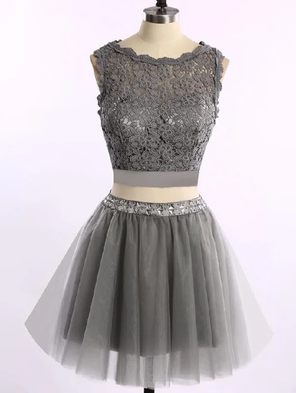 Two pieces grey lace tulle homecoming prom dresses, CM0003 Tunics Print Colorful