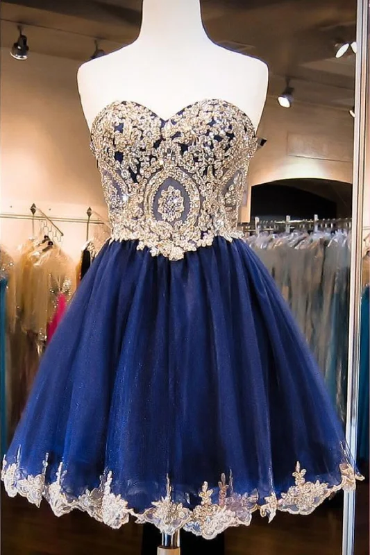 Navy Blue Skirt Gold Lace Beaded homecoming prom dresses, CM0027 Tunics Chinos classic