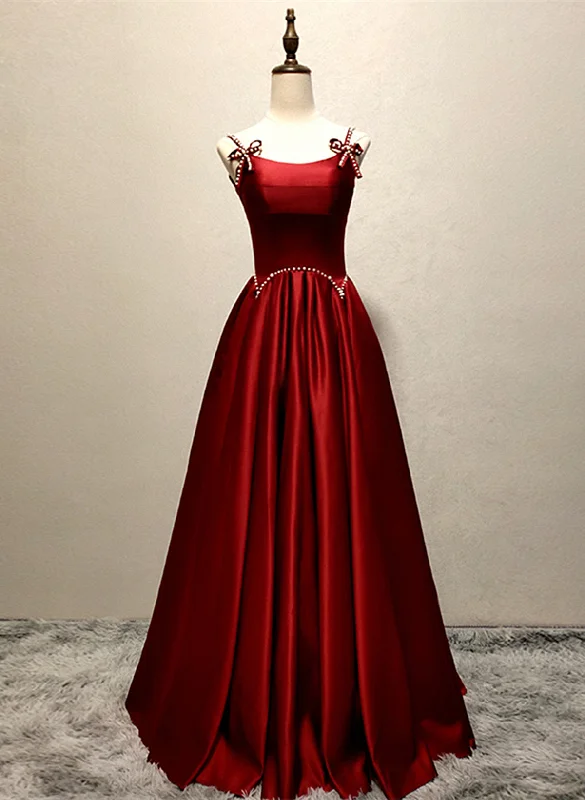 Wine Red Satin Straps Round Neckline Party Dress, Wine Red Long Prom Dress Tunics Spring floral