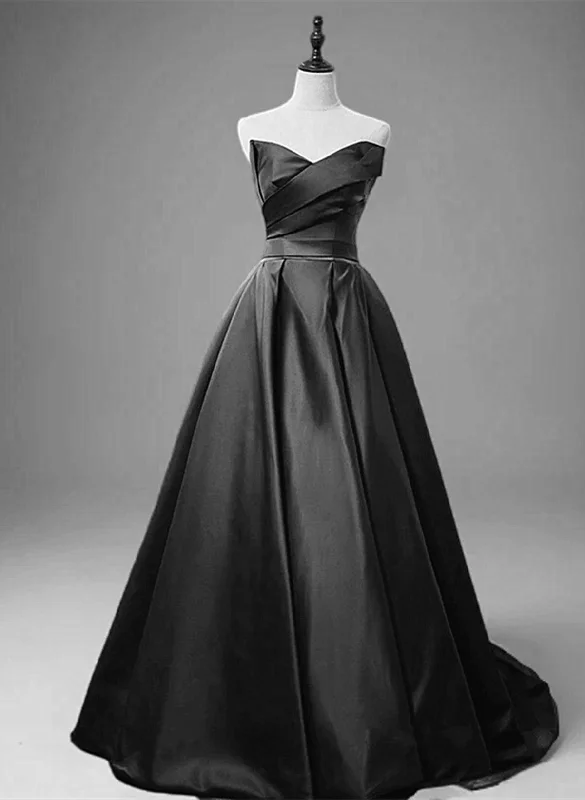 A-line Black Satin V-neckline Long Evening Dress, Black Satin Party Dress Tunics Favorite customer