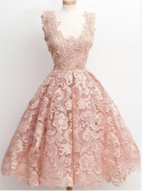 Peach Lace Scoop Neckline Short Cute homecoming prom dresses, CM0009 Tunics Timeless classic